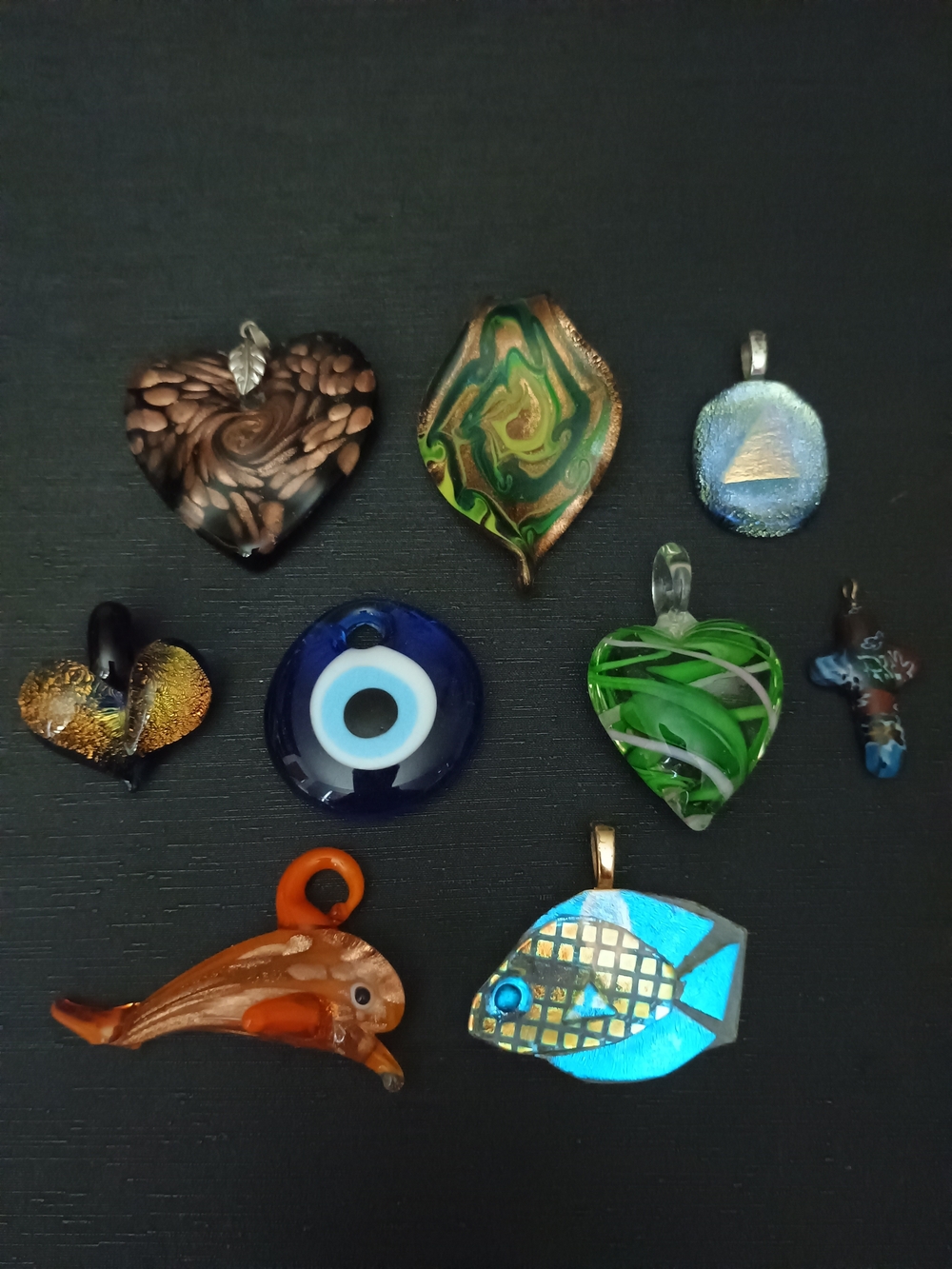 Assorted Glass Pendant Lot — Green, Blue, Brown, Gold And Dichroic